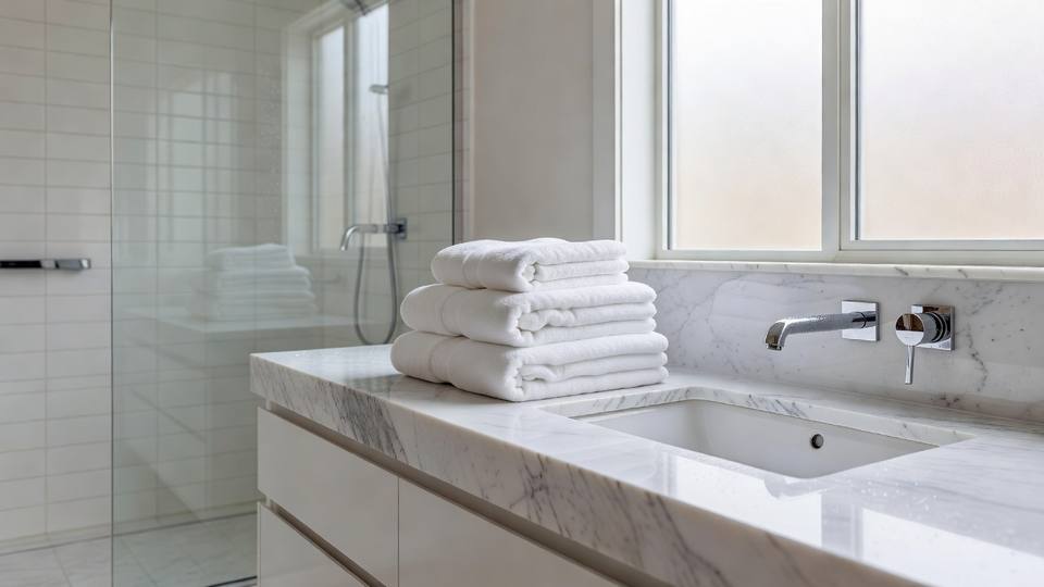 A sparkling clean bathroom with neatly folded towels