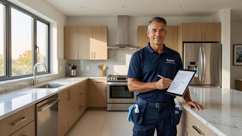 A professional cleaner checking off a real checklist on a tablet in a spotless kitchen